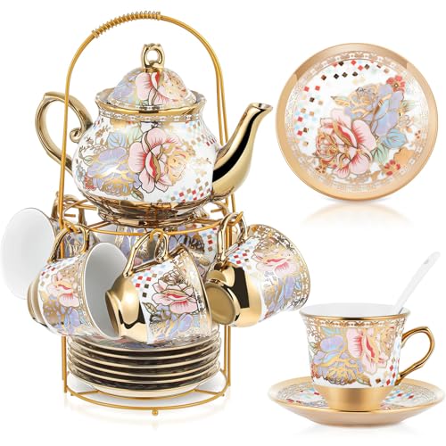 Zhehao 20 Pcs Porcelain Tea Set with Metal Holder and Spoon Adult Ceramic Tea Set European Flower Painting Teapot Cup Saucer Spoon for Women Mom Gift, Large Version (Rustic Style) - color: Rustic Style
