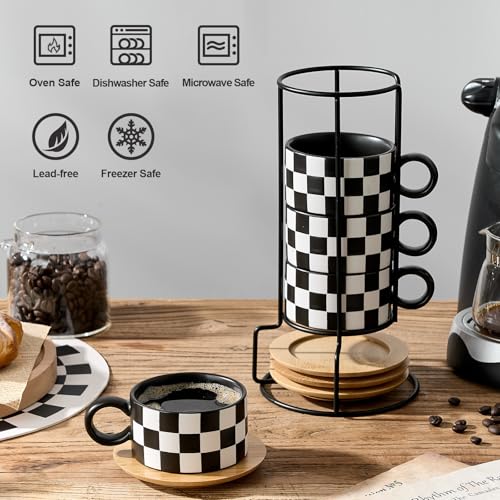 LUKA 6 Ounce Ceramic Stackable Black and White Checkered Espresso Cups with Saucers and Metal Stand Set of 4, Cappuccino Cups Set for Coffee Drinks, Latte, Cafe Mocha and Tea, Black Interior - color: 4BKG-Black & White