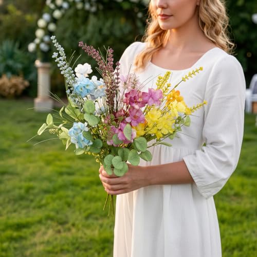 4 Pack Artificial Wildflower Bouquet, Realistic Hydrangea with Eucalyptus Stems, Rustic Wildflowers Floral Arrangement for Wedding Decor, Daily Home Decoration, Vase Table Centerpiece