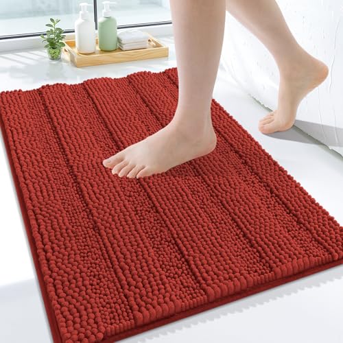 Grandaily Chenille Striped Bathroom Rugs 24x16, Extra Thick and Soft Absorbent Bath Mats, Rubber Backing, Plush Shaggy Shower Carpet, Machine Wash Dry, Bath Rug for Bathroom, Rustic Terracotta - color: Rustic Terracotta, size: 24" X 16"