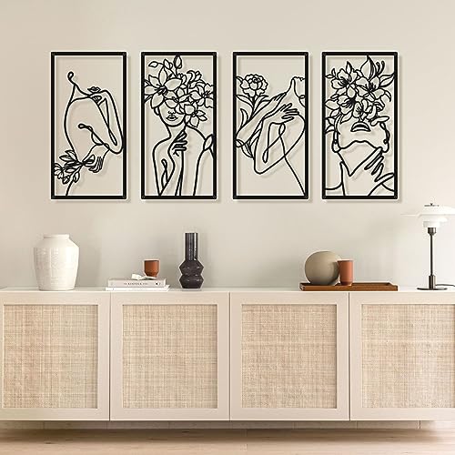Black Metal Abstract Wall Art, Minimalist Woman Flower Bathroom Wall Decor | 3D Line Wall Sculptures for Bedroom, Bathroom, Office, Living Room (4 Pcs, 17x9 in) - color: Dark Black