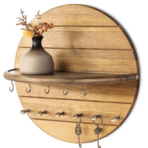 Rebee Vision Pine Wood Key Holder Wall Mount for Entryway Decor, Yellow | Pine Wood, Decorative Key Hooks, Round Corner Floating Shelf, Entryway Organizer for Home Improvement, Farmhouse Home Decor - color: Yellow