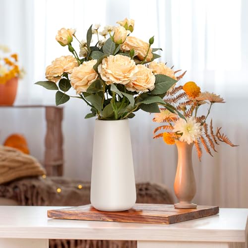 16’’ Artificial Flowers with Vase, Silk Flower Arrangements | White Ceramic Vase with Peonies Flowers Bouquet, Home Office Dining Table Centerpiece Decor, Champagne - color: Champagne