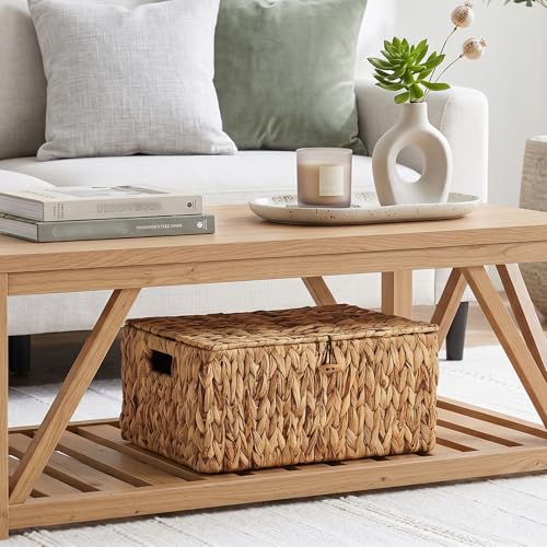 Large Wicker Basket with Lid, Natural Water Hyacinth Storage Baskets with Built-in Handles Woven Decorative Box for Shelf Pantry Laundry, Home Organizer, 15.7"x11"x7.5" - size: 15.7"L x 11"W x 7.5"H