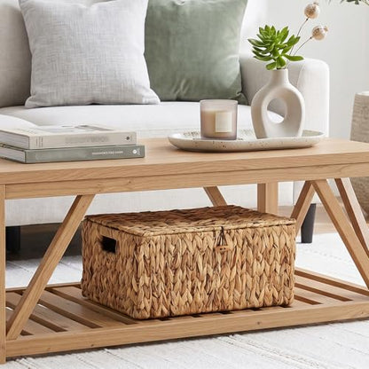 Large Wicker Basket with Lid, Natural Water Hyacinth Storage Baskets with Built-in Handles Woven Decorative Box for Shelf Pantry Laundry, Home Organizer, 15.7"x11"x7.5" - size: 15.7"L x 11"W x 7.5"H