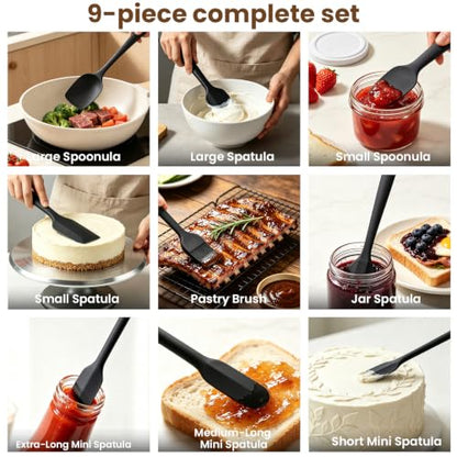 Silicone Spatula Set,9-Piece BPA Free Food Grade Heat Resistant Spatulas for Cooking Baking,Seamless One Piece Design,Non-Stick Safe,Dishwasher Safe,Withstands -104°F to 600°F（Black） - color: Black