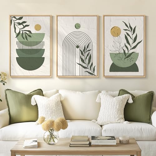 Framed Sage Green Boho Wall Art Bedroom, 3 Piece Bohemian Botanical Paintings Prints Canvas Artwork for Walls, Large Mid Century Modern Boho Pictures for Living Room Home Office Wall Decor, 16x24 In - color: Boho-Sage Green, size: 16" W x 24" H x 3Pcs