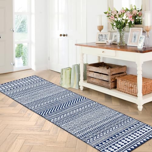 WESTLOOM 2x8 Washable Kitchen Runner Rug Non-Slip Hallway Runner Rug Boho Rug Moroccan Stain Resistant Runner Carpet for Living Room Bedroom Laundry, Blue - color: Blue, size: 2' x 8' (Runner)