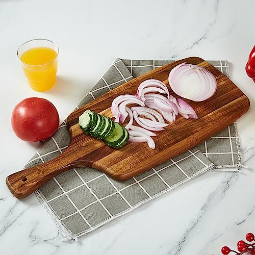 Acacia Wood Cutting Board and Cheese Board with Handle for Braed, Chopping Board, Meat, Fruits and Charcuterie - Decorative Wooden Serving Board for Kitchen, 17x7 Inch - size: 16.9"L x 7"W