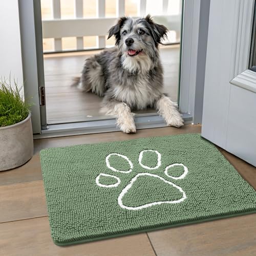 Smiry Dog Door Mat for Muddy Paws, Absorbent Non Slip Dirt Trapper, 24x16 | Olive Green and White, Quick Dry Washable Chenille Mat for Mud Dogs, Entry Rug for Indoor and Outdoor - color: Olive Green and White, size: 24"X16"