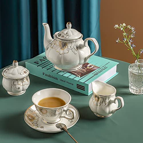 CHENP.HMC Tea Set 22-Piece Porcelain Ceramic Coffee(Chrysanthemum) | Tea Gift Sets Cups Saucer Service for 6 Teapot Sugar Bowl Creamer Pitcher and Teaspoons - color: White Yellow