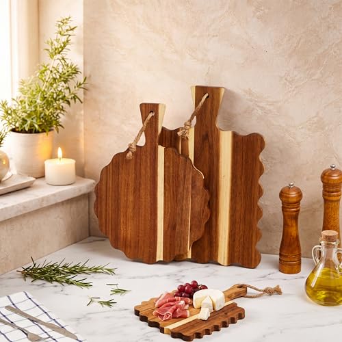 Novabright 3 Pcs Acacia Wood Scalloped Cutting and Chopping Board Decorative Cutting Boards for Kitchen Wooden Charcuterie Serving Tray for Cheese Meat Fruit Bread Baking(Handle Wavy) - style: Handle Wavy