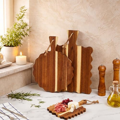 Novabright 3 Pcs Acacia Wood Scalloped Cutting and Chopping Board Decorative Cutting Boards for Kitchen Wooden Charcuterie Serving Tray for Cheese Meat Fruit Bread Baking(Handle Wavy) - style: Handle Wavy