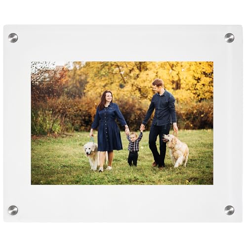 Rebecca Luxurious-10x13 Frameless Acrylic Picture Frame 10x13 Inch - Ultra Clear 4mm Acrylic Floating Frame with Silver Brackets - Easy Wall Installation for Certificates, Graduation, Family Photos, Documents - Modern Photo Display (Transparent, 10x13) -