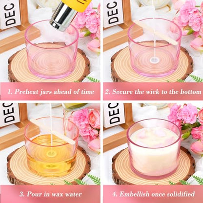 CONNOO 8 Pack 12 OZ Pink Glass Wide Mouth Candle Jars | Airtight Bamboo Lids, Sticky Warning Labels, Empty Container Bulk, Dishwasher Safe - color: Pink