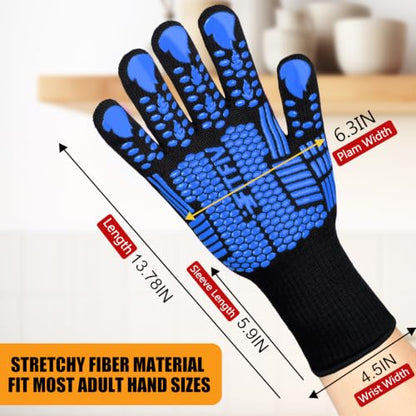 BBQ Gloves, 1472°F Heat Resistant with Silicone Grip Oven Mitts | Non-Slip Grip, for BBQ, Grilling, Oven, Smoker, Cooking and Baking - color: Blue, size: Long (Glove L 13.78" × Palm W 6.33")