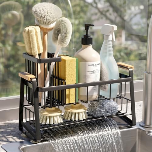 Housolution 2-Tier Sponge Holder for Kitchen Sink Caddy with Brush Holder | Auto-Draining, Suction Cups, Wooden Handle , Kitchen Sink Countertop Organization Storage, Dish Soap Holder, Rustproof, Black - color: Black
