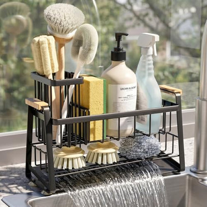 Housolution 2-Tier Sponge Holder for Kitchen Sink Caddy with Brush Holder | Auto-Draining, Suction Cups, Wooden Handle , Kitchen Sink Countertop Organization Storage, Dish Soap Holder, Rustproof, Black - color: Black