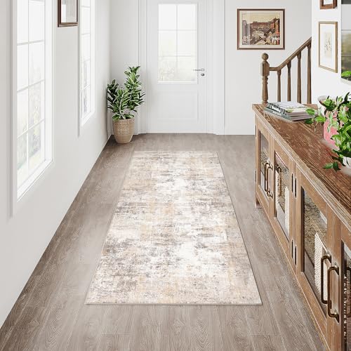 2x5 Beige Grey Abstract Runner Rug | Washable, Non Slip, Soft Low Pile, Modern Neutral, for Hallway Kitchen Laundry Bathroom Bedroom Home Decor - color: Beige/Grey, size: 2' x 5' (Runner)