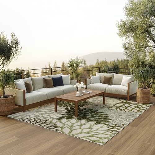 Nourison Home Aloha Indoor/Outdoor Ivory Green 7'10" x 10'6" Area Rug, Easy-Cleaning, Non Shedding, Bed Room, Living Room, Dining Room, Backyard, Patio, Deck (8x11) - color: Ivory Green, size: 7'10" x 10'6" (Rectangular)