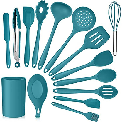 Teal Blue Kitchen Utensils Set, E-far 15-Piece Silicone Cooking Utensils with Holder, Non-stick Cookware Friendly & Heat Resistant, Includes Ladle Spatula Spoon Slotted Turner for Cooking & Baking - color: Teal Blue