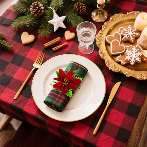 wonlex Flower Napkin Rings Set of 12, Farmhouse Red Green Napkin Rings Holder Buckle for Xmas Mother's Day Dinner Parties Wedding Table Setting(Red Flower) - style: Xmas Flower