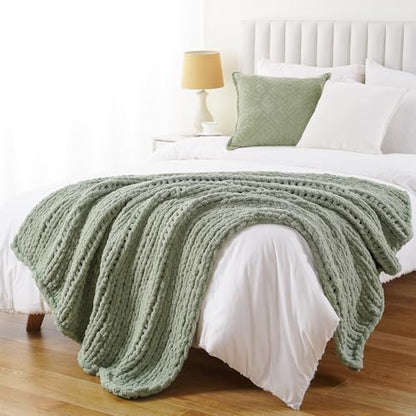 Sage Green Chunky Knit Throw Blanket, Knit Throw Blanket for Couch 50"x60" | Handmade Cable Knit Crochet Blanket, Cozy Knot Green Knitted Throw Blankets, Light Green Chenille Blanket for Bed Sofa Home - color: Light Green