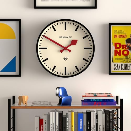 NEWGATE® Universal wall Clock | Large Modern Vintage Station Clock | 17" | Deep matt Black Metal case with red Metal Hands | Mid-Century Style for Kitchen, Living Room or Office - style: Retro