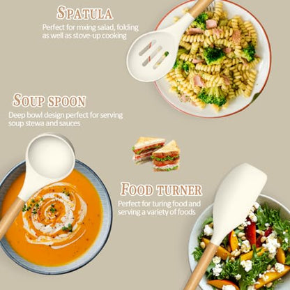 Umite Chef Kitchen Cooking Utensils Set, 33 pcs Non-stick Silicone Cooking Kitchen Utensils Spatula Set with Holder, Wooden Handle Silicone Kitchen Gadgets Utensil Set (Cream White) - color: Cream White