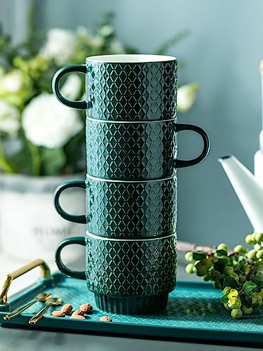 LYEOBOH Coffee Mug Set Porcelain Stackable Coffee Mugs with Stand and Spoons, 13 OZ. Cappuccino Cup Demitasse Cups for Drinks, Espresso, Latte,Set of 4, Dark Green - color: Dark Green