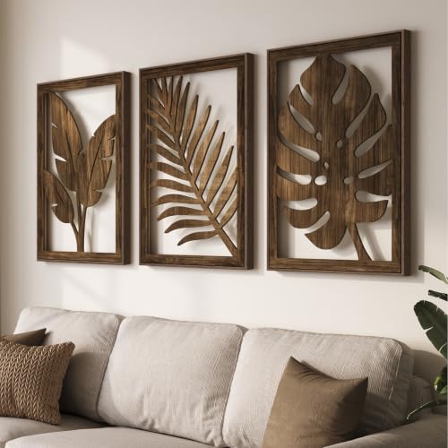 Framed Boho Wood Wall Art Decor for Living Room, 3 Piece Brown Cutout Carved Wooden Artwork for Walls, Large Botanical Tropical Leaf Painting for Bedroom Dining Room Hallway Wall Decor, 24x36 Inch - color: Walnut Color