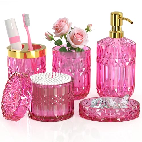 Hot-Pink Glass Bathroom Accessories Set 5 Pcs, Hot-Pink Bathroom Set, Soap Dispenser and Toothbrush Holder Set, Qtip Holder Set, Vintage Bathroom Sink Set, Cute Bathroom Decor - style: Hot-pink
