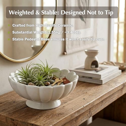 8-Inch Medium Fluted Ceramic Decorative Bowl,Cream White Speckled Fruit Bowl for Kitchen Counter,Key Bowl for Entryway Table,Handcrafted Pedestal Bowl for Coffee Table, Dining Room Centerpiece Bowl ﻿