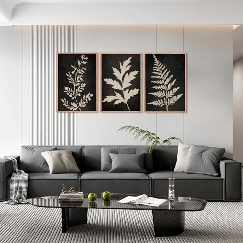 Ausril Boho Black Tan Fern Leaf Framed Canvas Wall Art Set -16"x24"x3 | Minimalist Botanical Wall Decor Nature Fern Plant Silhouette Art Print Modern Rustic Artwork for Living Room Bedroom Office - color: Black Fern Wall Art, size: 16"L x 24"W