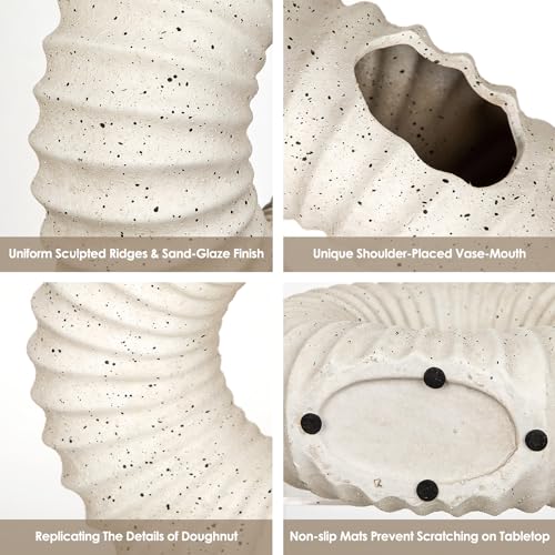 White Donut Vase with Modern Asymmetrical Shoulder, Ceramic Vase for Flowers, Clay Pottery with Natural Speckles for Home Living Room Mantel Shelf & Office Table Decor, Boho Style & Set of 2 - style: Asymmetrical Shoulder