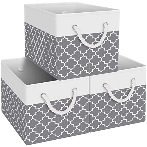 Storage Bins Foldable Storage Baskets with Rope Handles | 3-Pack Storage Bins for Organizing Toys, Books, Shelves, Closet, Large Storage Box Sturdy Organizer Bins, Clover Grey - color: Clover Grey, size: 3pack