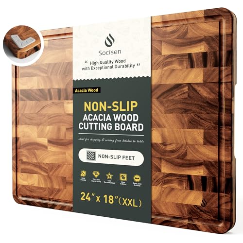 Extra Large End Grain Cutting Board for Kitchen with Non-slip Feet, Acacia Wood Heavy Duty Checkered Cutting Board with Juice Groove & Handle Handcrafted Luxury Chopping Board for Meat, Vegetables - size: 24"L x 18"W