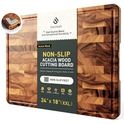 Extra Large End Grain Cutting Board for Kitchen with Non-slip Feet, Acacia Wood Heavy Duty Checkered Cutting Board with Juice Groove & Handle Handcrafted Luxury Chopping Board for Meat, Vegetables - size: 24"L x 18"W
