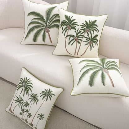 Embroidered Throw Pillow Covers 18x18 Pack of 2 Green Coconut Trees | Ocean-Themed,Durable Fabric,Square Pillow Cover,Boho Decorative,Hidden Zipper,Aesthetic Design,Ideal Gift,Machine Washable - color: Green Coconut Palm Trees