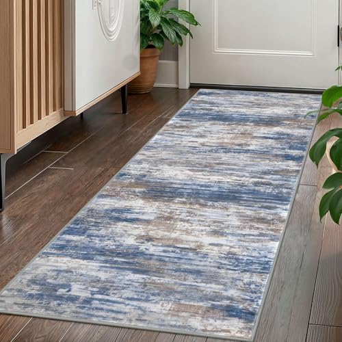 KOZYFLY Kitchen Runner Rug for Hallway Modern Runner Rug 2x5 Blue Rust | Non-Slip, Non-Shedding, Low Pile Soft, Abstract Striped, For Hall Kitchen Entryway Bathroom Laundry Bedroom Foyer - color: Blue Rust White, size: 2' x 5' (Runner)