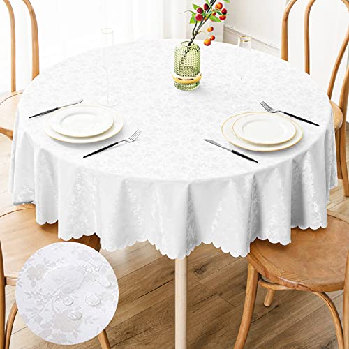 Smiry Round Waterproof Heavy Duty Vinyl Tablecloths, 70 x 70 Inch | Wipeable Washable Floral Embossed Table Cover for Kitchen and Dining Room, Indoor & Outdoor Use, White - color: White, size: 70" (Round)