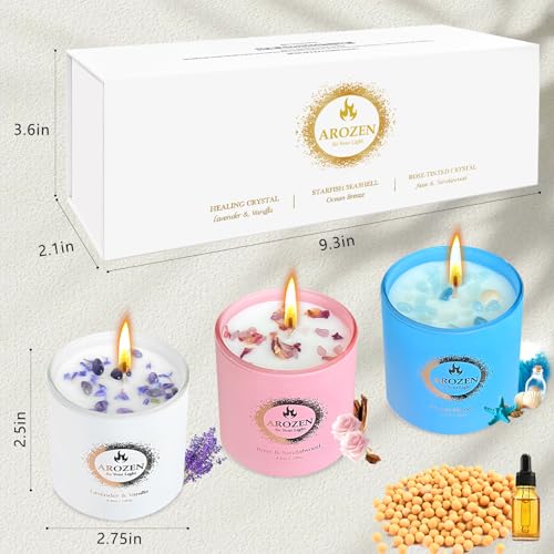 3 Pack Scented Candles Gift Set for Women – Lavender, Ocean, Rose Soy Candles with Crystals & Seashells, 70-Hour Total Burn Time, Aromatherapy Candle Set for Home Decor, Mother’s Day Birthday - size: 3 Pack