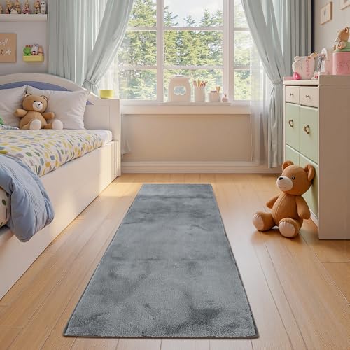 jinchan 2x6 Solid Plush Runner Rug Shaggy Washable Hallway Rug, Grey | Soft, Cozy, Non-Slip, Modern, Faux Wool, Performance Rug, Floor Carpet, Entryway, Bathroom, Kitchen, Laundry Room, Bedroom - color: Solid Grey, size: 2' x 6' (Rectangular)