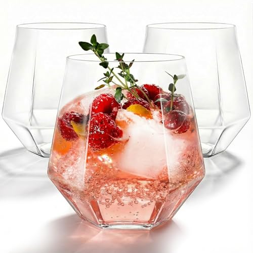 40 Pack Plastic Wine Glasses, 12 Oz Disposable Cocktail Whiskey Glasses | Clear Diamond Stemless Champagne Margarita Glasses, Unbreakable Reusable Plastic Party Cups for Wedding Birthday - color: Clear-40 Pack