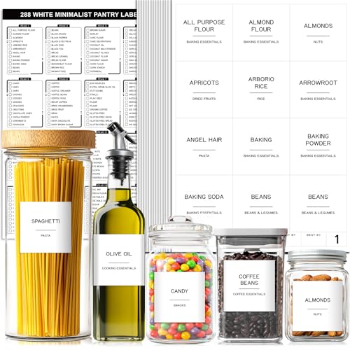 288 Pantry Labels for Food Containers, Preprinted Minimalist Waterproof Stickers for Organizing Storage Bins, Jars and Kitchen - style: White Square Pantry Labels