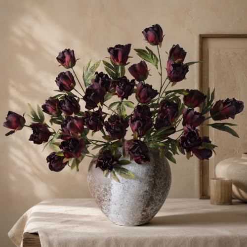8 Pcs Artificial Peony Flowers, Faux Silk Peonies Stems with Distressed Leaves, Fade Resistant Floral Branches for Vase, DIY Bouquet, Home Decor Indoor Outdoor Wedding Table Centerpiece (Dark Red) - color: Dark Red