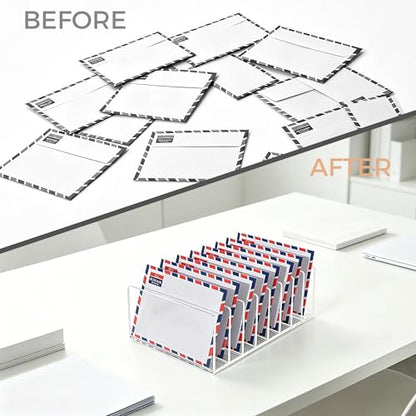 8 Compartments Clear Acrylic Mail Holder – Vertical Letter Sorter & Multifunction Desk Organizer for Bills, Documents, Notebooks – Modern Office/Home Envelope File Rack - size: 8 Compartments