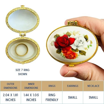 Tiny Oval Porcelain Trinket Box | Rose Bouquet | French Style Gift Box with Velvet Bag - style: Rose Bouquet Oval