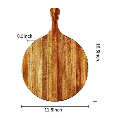 Acacia Wood Round Cutting Board with Handle - Wooden Charcuterie Board, Versatile Cutting Serving Board for Pizza, Bread, Cheese, Vegetables, and Kitchen Decor, 16"x12" - size: 16.5"L x 11.8"W