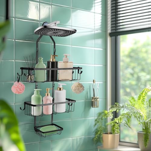 Bathroom Shower Caddy Hanging, Rustproof Waterproof | Metal, 6 Multi-Purpose Hooks, Storage Shelf, No Drilling Installation, Shampoo Soap Towel Organizer